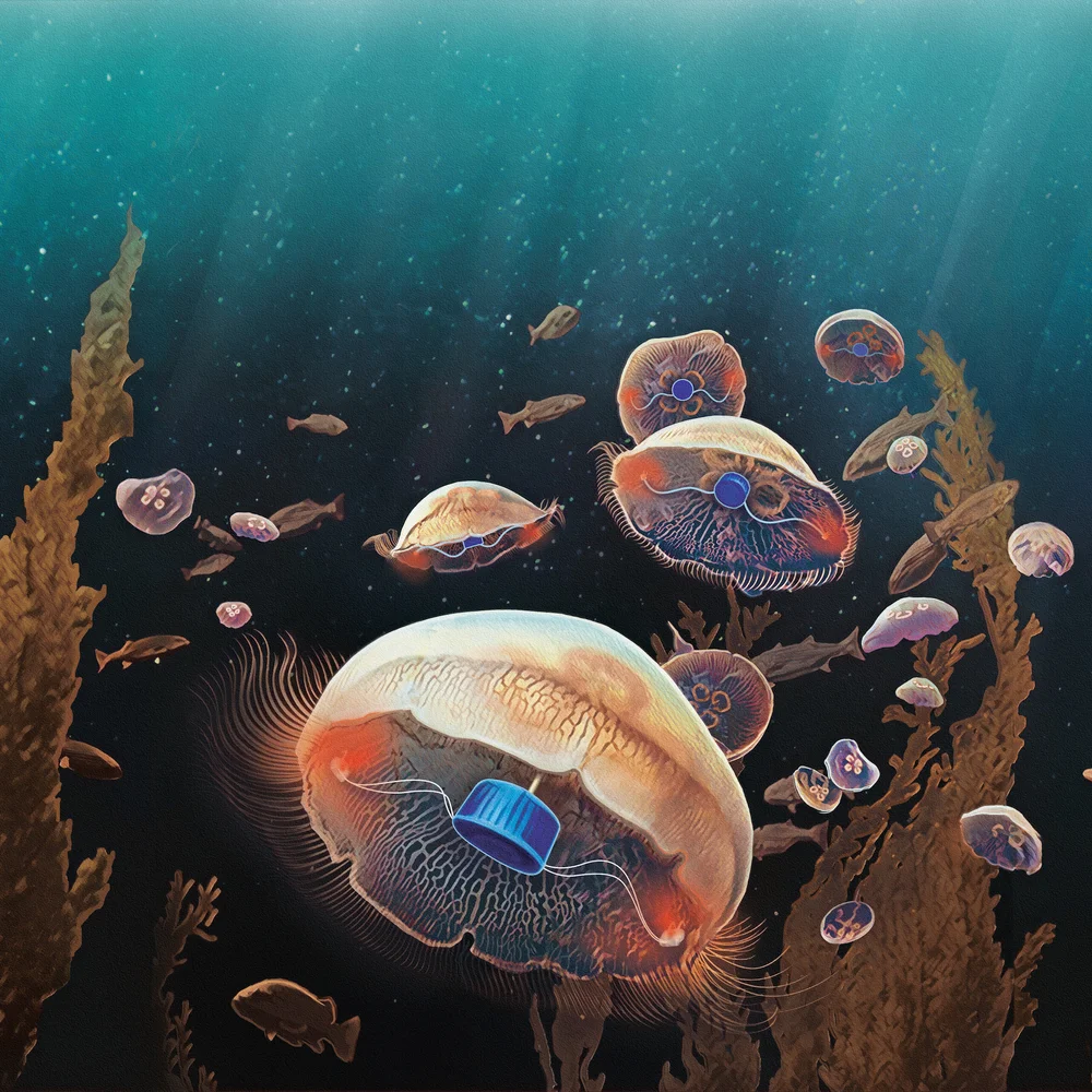 Artistic illustration of a jellyfish carrying a small electronic sensor as it swims through the deep ocean.