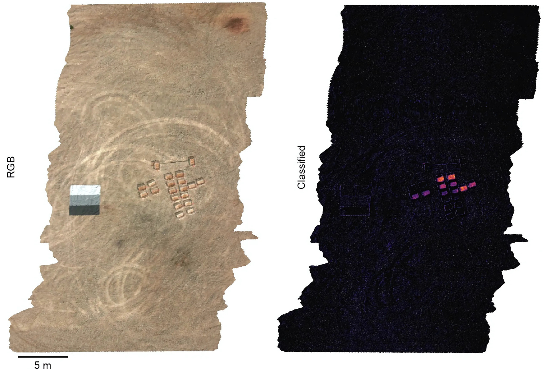 Side-by-side aerial views of a soil testbed: an RGB photograph on the left and a hyperspectral classification on the right, with bright spots marking engineered microbes.