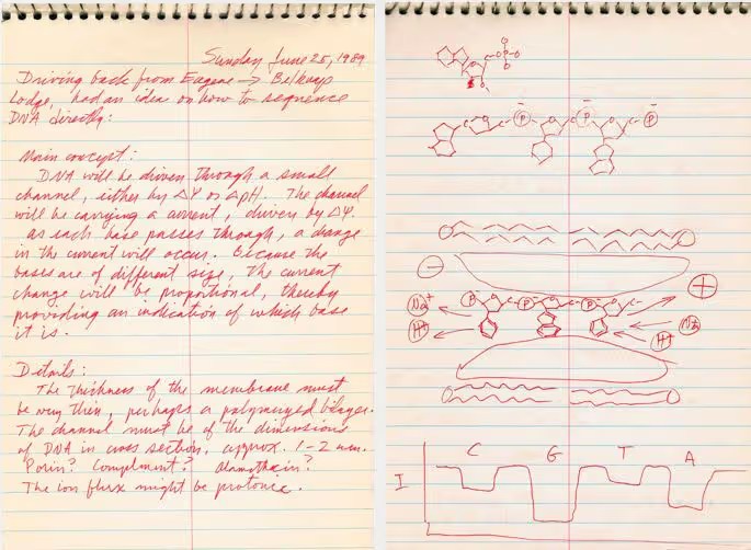 A handwritten notebook page with notes and diagrams regarding a scientific topic, including equations and structural representations.